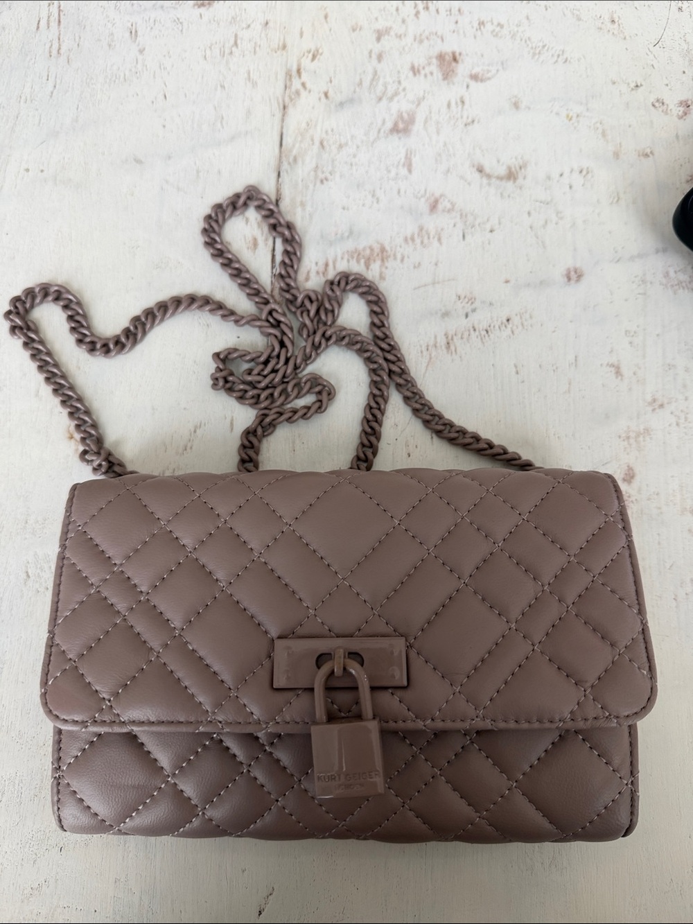 Kurt Geiger Quilted Chain Crossbody in Mauve Taupe